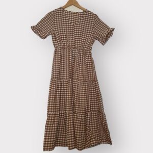 Brown Gingham Short Sleeve Midi Dress